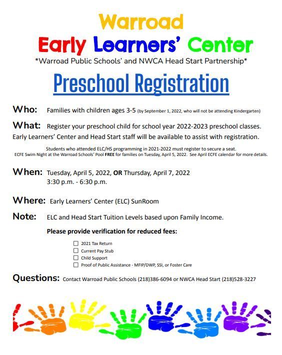 20222023 Early Learners' Center Registration Event Warroad Early