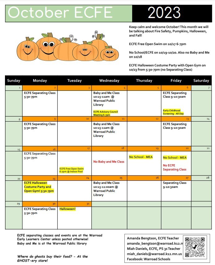 October ECFE Calendar
